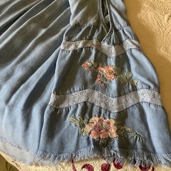 DENIM Blue HIGH-LOW EMBROIDERED LACED SLEEVES OFF-ON OPEN SHOULDER TOP﻿ - Picture 10 of 15